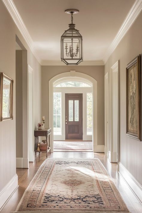 Welcome guests with a stylish and inviting neutral entryway. Combine soft hues of beige and white with natural wood elements for a warm and welcoming first impression. 🚪🌿✨ #NeutralEntryway #WelcomingSpaces #HomeDecor #FirstImpressions Hallway Ideas Beige, Beige Wall White Trim, Colors For Entryway, Neutral Hallway Ideas, Neutral Entryway, Beige Entryway, Entry Inspiration, Art Deco Hallway, Yellow Hallway