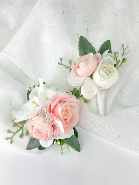 Pink Wedding Corsage, Corsage And Boutonniere Set Pink, Pink And White Corsage And Boutonniere, Light Pink And White Corsage, Light Pink Corsage And Boutonniere, White And Pink Corsage, Light Pink Corsage, Pink And White Corsage, Pink Corsage And Boutonniere