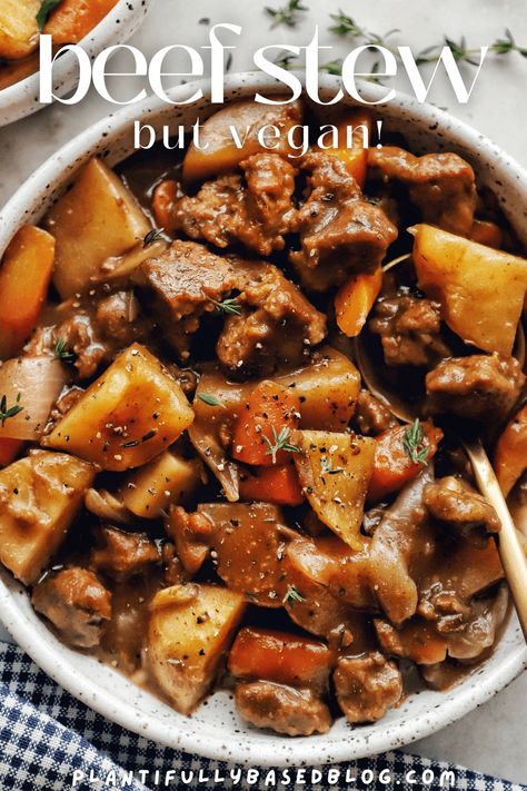 Incredibly Easy Vegan Crockpot "Beef" Stew - Plantifully Based Vegetarian Stew Crockpot, Meatless Beef Stew, Vegetarian Beef Stew, Easy Crockpot Beef Stew, Vegan Stew Recipes, Crockpot Beef Stew, Stew Recipes Crockpot, Vegetarian Stew, Vegan Crockpot