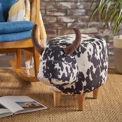 Kids Black Velvet Cow Ottoman — Pier 1 Cow Ottoman, Wooden Footstool, Cowhide Print, Toddler Playroom, Porch Furniture, Velvet Ottoman, White Cow, Foot Stool, Milk Cow