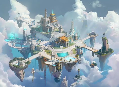 The image is of a floating city in the sky. The city is made up of a number of different buildings, including temples, towers, and houses ->> more details in ai-img-gen.com Cloud City Concept Art, Floating City Art, City In The Clouds, Floating Cities, City In The Sky, Sky Temple, Fantasy Locations, Sky City, Invisible Cities