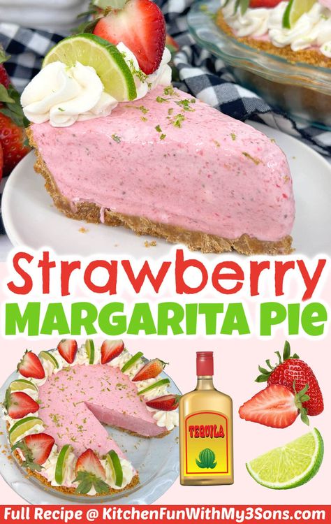 Strawberry Margarita Pie has everything you love about a margarita, but in pie form! A creamy strawberry and lime no-bake filling (with tequila of course) on a buttery graham cracker crust. This easy pie recipe is perfect for Summer and will transport you to a tropical paradise. Strawberry Margarita Cake Recipe, Strawberry Margarita Pie, Frozen Margarita Pie, Margarita Cake Recipe, Easy Pie Recipe, Margarita Pie, Strawberry Tequila, Margarita Cake, Tasty Desserts