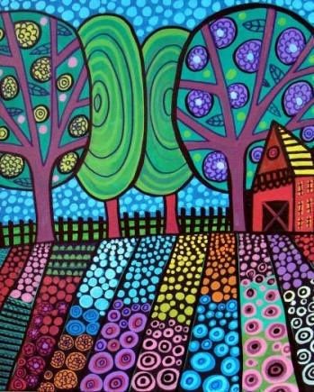 3rd grade Heather Galler Patterned Landscapes Heather Galler, Farm Fields, Classe D'art, Arte Folk, Modern Folk, 4th Grade Art, Flowers Abstract, 3rd Grade Art, Blog Art