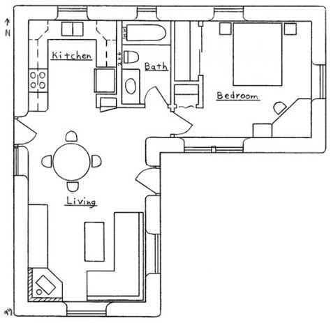 Okay, so it's about 500 square feet...but very liveable...I wouldn't bother with the built in desk in the bedroom... Small House Floor Plan, L Shaped House Plans, L Shaped House, Small Floor Plans, House Plans One Story, Small House Floor Plans, Tiny House Floor Plans, Cottage Plan, Small Room Design