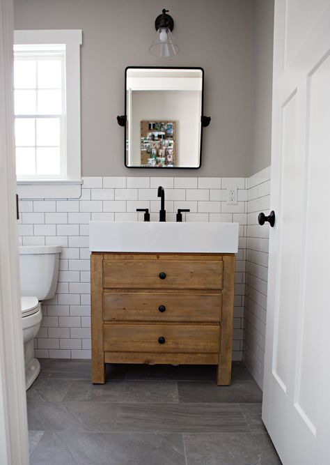 from Christie Adams Design Bergen County, Bad Inspiration, Single Sink Vanity, Downstairs Bathroom, Boys Bathroom, Half Bathroom, Basement Bathroom, Upstairs Bathrooms, Bathroom Redo