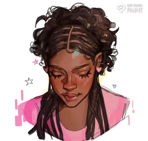 Likehoodart Drawing, Baking Art Reference, Locks Drawing Reference, Braided Pigtails Drawing, Likely Hood Art, Black Women Hairstyles Drawing, Black Hair Styles Drawing, Black People Drawings, Art Styles Drawing