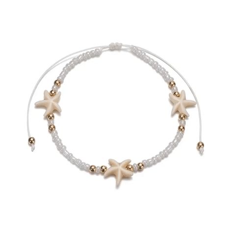 Perfect for the beach or pool, this starfish bead and string white and off white anklet - bracelet is accented with a touch of gold. The beaded portion is approximately 7.5 inches long and it can be adjusted to an extra 4 inches with the slider knot so it will fit most ankles or wrists easily. Beachy Clay Bracelets, Beachy Beaded Bracelets, Beach Bracelet Ideas, Beach Bracelets Diy, Vacation Bracelets, Beachy Anklets, Seashell Jewelry Diy, Beachy Bracelets, Clay Bracelets