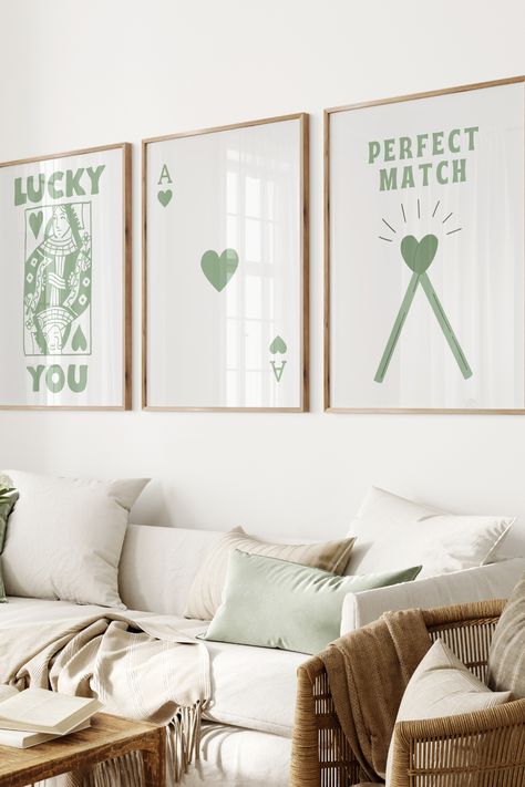 Trendy Wall Prints Set Of 3 | Funky Wall Decor | Apartment Wall Art | Lucky You Print | Aesthetic Wall Decor | Sage Green Wall Art | Retro

Infuse your apartment with style with our trendy wall prints set of 3. Featuring playing card prints, these pieces harmonize effortlessly with your sage green, retro-themed room!

★ Digital download - simply print, frame and hang!
★ Purchase includes 5 size ratios

This is a digital item only, no physical item will be sent Sage Green And White Apartment Aesthetic, Trendy Wall Decor Bedroom, Sage Green Apartment Aesthetic, Green Apartment Decor, Cream Couch Living Room, Wall Decor Sage Green, College House Ideas, Sorority House Rooms, Trendy Wall Prints