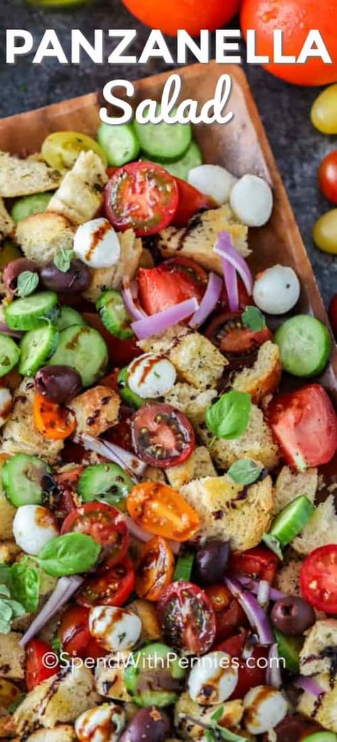 This tomato panzanella is a delicious combination of tomatoes, cucumbers and mozzarella tossed with ciabatta bread pieces and a tangy balsamic vinaigrette! I can't get enough of this fresh summer salad. #spendwithpennies #panzanellasalad #sidedish #breadsalad #mediterraneansalad #summersalad Panzanella Salad Dressing, Salad With Bread, Summer Panzanella Salad, Easy Panzanella Salad, Tomato Bread Salad, Grilled Chicken Panzanella Salad, Panzanella Salad With Peaches, Bread Salad Panzanella, Bread Salad Recipe