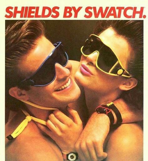 Swatch.  LOL 80s Ads, 1980s Nostalgia, 80s Sunglasses, Fashion 1980s, Visor Sunglasses, New Retro Wave, Swatch Watch, The New Wave, 1980s Fashion