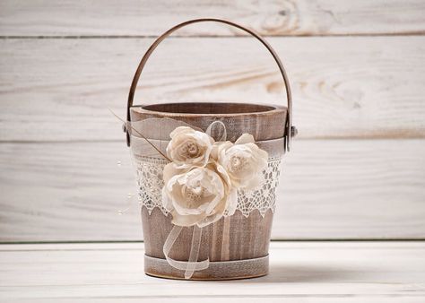 Rustic Flower Girl Basket Wedding Flower Basket Flower Girl Basket Wood Flower Basket Flower Girl Bucket Ivory and Burlap Wedding Gold Flower Girl Basket, Woodland Wedding Ceremony, Bridal Basket, Bohemian Flower Girl, Wedding Bucket, Flower Girl Basket Rustic, Rustic Flower Girl, Rustic Flower Girls, Ivory Flower Girl