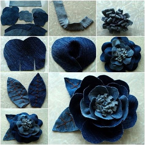 This is really nice idea to make flower using demin fabric, great for fashion decor, and accessories (hairband, hairclip, brooch etc). You can attach this flower to Demin bags, jeans or other outfits or accessories in matching color. I love the way to make petals personally. Supplies you may need: Old Jeans or other fabric at choice Scissors Needle and thread Printed template Återvinna Jeans, Artisanats Denim, Jean Diy, Recyceltes Denim, Projek Menjahit, Denim Crafts Diy, Diy Jeans, Blue Jeans Crafts, Denim Jewelry