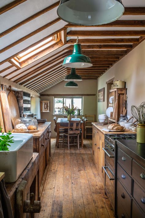 Tour this rural retreat in Suffolk - Reclaim Magazine English Kitchen Cottage, Old English Cottage Interiors, Green Pendant Lights, English Country Cottage Interiors, Old English Kitchen, Old Floorboards, Suffolk Cottage, Old English Cottage, English Cottage Interiors