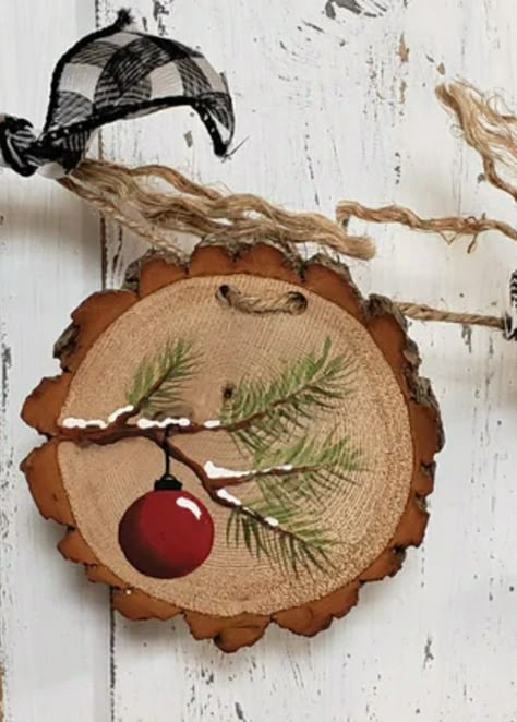 Wood Circles Crafts Tree Slices, Round Wood Disc Crafts, Wood Slices Crafts Christmas, Painted Wooden Ornament Ideas, Wood Rounds Crafts Tree Slices Christmas Ornament, Wood Discs Tree Slices, Wood Slab Christmas Ornaments, Clear Christmas Ball Ornament Ideas Diy, Wood Slices Crafts