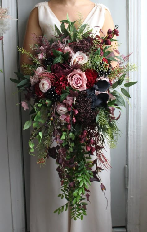 Deep Green Burgundy Blush Wedding Bouquet Cascading Bouquet - Etsy Higashiyama Kyoto, Wedding Bouquet Cascading, Burgundy Blush Wedding, Blush Wedding Bouquet, Bouquet Fall Wedding, Fall Wedding Bouquet, Blush Bouquet Wedding, Burgundy And Blush Wedding, Cascading Bouquet