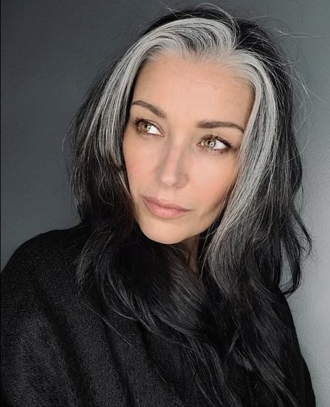 Grey Streaks In Brown Hair Going Gray, Gray Around The Face, Gray Bangs Dark Hair, Gray Streak In Front Of Hair, Gray Hair Streak, Grey Hair Streak, Grey Hair Colour, Silver Hairstyles, Pro Aging