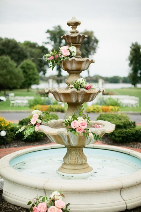 Wedding Venue Fountain With Pink Roses Flowers In Fountain, Fountain Flowers, Fountain Wedding, Fountain Decor, Ivory Color Scheme, Water Fountain Design, Wedding Roses, Flowers Candles, Fountain Design