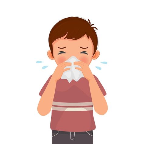 Vector cute little boy sneezing with flu... | Premium Vector #Freepik #vector #sneeze #sneezing #runny-nose #rhinitis Cold Symptoms, Runny Nose, Tissue Paper, Cartoon Characters, Premium Vector, Graphic Resources, Vector Free, Royalty, Royalty Free