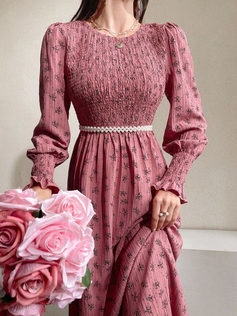 Women's Ditsy Floral Print A-Line Dress Pink Elegant,Boho  Long Sleeve Fabric Floral,All Over Print A Line Non-Stretch  Women Clothing, size features are:Bust: ,Length: ,Sleeve Length: Shirred Waist Dress, Satin Formal Dress, Pink Long Dress, Rose Bonbon, Modest Clothing, Lovely Clothes, Fabric Floral, Feminine Outfit, Women Long Dresses