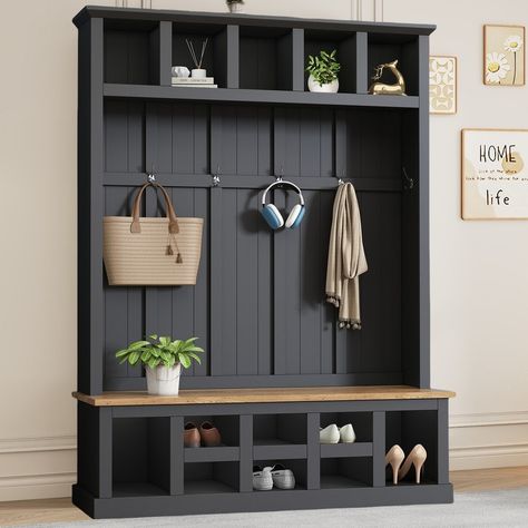 Spacious storage This entryway cabinet features 8 cabinets and 4 large storage compartments, providing ample space for storing shoes, bags, hats, and other belongings. Mudroom Shoe Storage Ideas, Storage Seating Bench, Modern Hall Tree, Farmhouse Hall Trees, Nola House, Functional Entryway, Storage Seating, Hallway Organization, Tree Seat