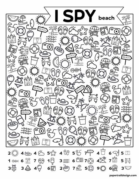 Free Printable I Spy Beach Activity - Paper Trail Design New Year's Games, I Spy Games, New Years Activities, Art Therapy Activities, Hidden Pictures, Fun Worksheets, Paper Trail, Beach Activities, I Spy