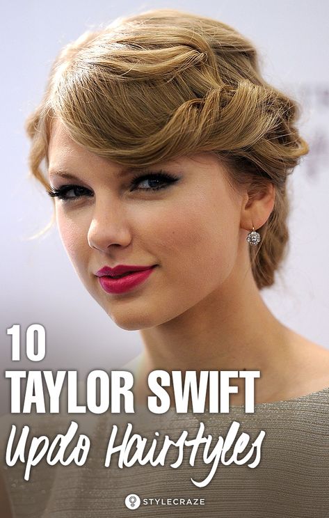 10 Stunning Taylor Swift Updo Hairstyles Taylor Swift Updo, Bob Updo Hairstyles, Loose Bun Hairstyles, Cute Bun Hairstyles, Wet Look Hair, Inspiring Hairstyles, Curly Prom Hair, Faux Bob, Vintage Curls