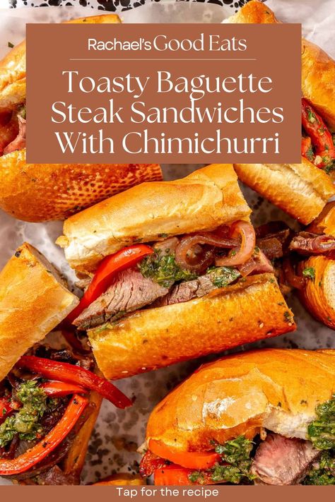 You need these Toasty Baguette Steak Sandwiches With Chimichurri in your life asap. The crunchy baguette, juicy steak, sautéed pepper & onions, and flavorful chimichurri combo come together so perfectly. Sandwich heaven that's perfect for lunch, dinner or for hosting a big group. Tap for the recipe! Open Steak Sandwich, Chimichurri Sandwich, Steak Chimichurri, Steak Sandwich Recipes, Sauteed Peppers And Onions, Steak Sandwiches, Sandwich Sauces, Tenderloin Steak, Sauteed Peppers