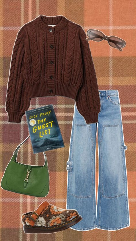 Brown cardigan sweater, baggy jeans, crochet clogs, vintage sunglasses, green leather purse, booktok book Brown Cardigan Outfit Aesthetic, Maxi Cardigan Outfit, Crochet Clogs, Brown Cardigan Outfit, Cardigan Outfit Aesthetic, Jeans Crochet, Knit Cardigan Outfit, Sweater Cardigan Outfit, Brown Cardigan Sweater