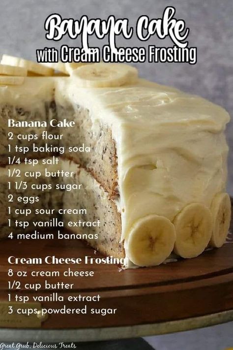 ingredients and recipe Banana Cream Cheese, Delicious Banana Bread Recipe, Banana Bread Cake, Cream Cheese Frosting Cake, Banana Dessert Recipes, Banana Cake Recipe, Cake With Cream Cheese Frosting, Cream Cheese Frosting Recipe, Banana Dessert