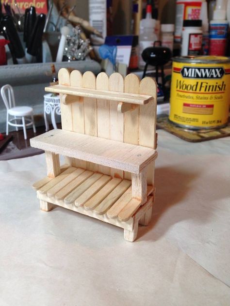 Popsicle Stick Table And Chairs, Things Made Out Of Popsicle Sticks, Popsicle Stick Picnic Table, Popsicle Sticks Crafts For Adults, Popsicle Stick Bookshelf, Miniature Furniture Diy Popsicle Sticks, Lollypop Stick Crafts, Mini Furniture Diy Popsicle Sticks, Wood Stick Crafts