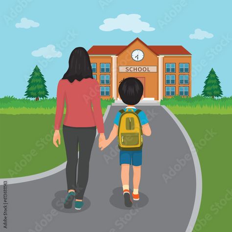 Stock Image: Back view little boy student with his mother walking go to school holding hands Student Drawing, Going To School, Go To School, Poster Background, Poster Background Design, Back View, Kids Hands, Background Design, Holding Hands