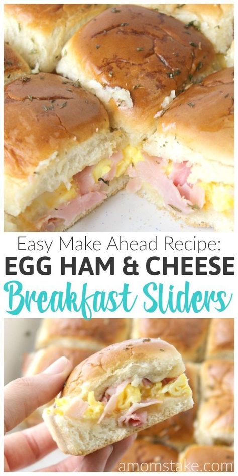 Easy egg ham and cheese breakfast sliders recipe. Make it the night before and just heat in the morning and it's ready to serve in just 10 minutes. Super simple breakfasts for families on the go or picky kids. Ham And Cheese Breakfast Sliders, Ham And Cheese Breakfast, Egg Breakfast Recipes Easy, Breakfast Sliders, Breakfast Slider, Cheese Breakfast, Slider Recipes, Breakfast On The Go, Quick And Easy Breakfast