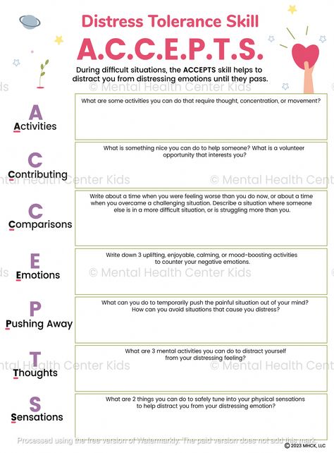 DBT ACCEPTS Worksheet – Mental Health Center Kids #Nurturing #FitnessTips #Understanding #Mental #Health #HealthyLifestyle #Emotional #Wellbeing #HealthTips Distress Tolerance Activities, Dbt Worksheet, Dbt Activities, Dbt Skills Worksheets, Seeking Safety, Distress Tolerance Skills, Dbt Therapy, Coping Skills Activities, Counseling Techniques