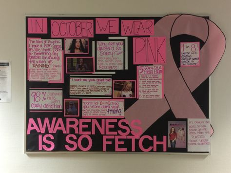 Pinktober Awareness Ideas, Club Board Ideas, Breast Awareness Month Ideas, Mean Girls Bulletin Board, Pink Bulletin Board Ideas, Pink October Ideas For School, Pink Month October, Pink October Ideas, Res Life Bulletin Boards