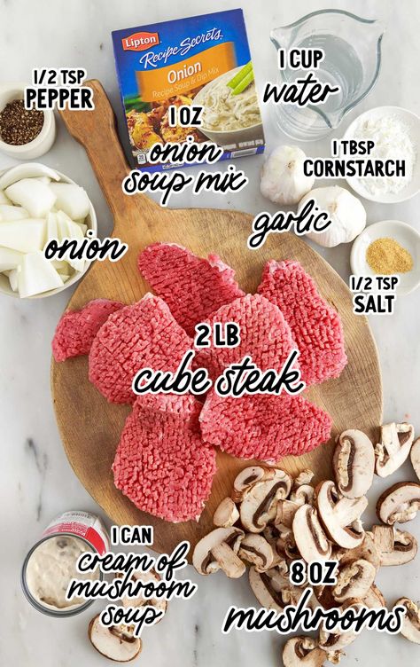 Slow Cooker Cube Steak raw ingredients that are labeled Salisbury Steak Crockpot Cubed Steak, Cube Steak Crock Pot Recipes Crockpot Cream Of Mushrooms, Cube Steaks In Crock Pot, Cube Steak Crock Pot Recipes Crockpot, Cube Steak In Crockpot, Slow Cooker Cubed Steak Crockpot, Beef Cube Steak Recipes Crockpot, Cube Steak Crock Pot Recipes Easy, Easy Cube Steak Recipes Stove Top