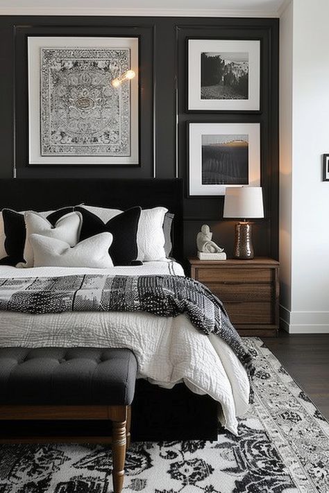 Explore 50 elegant ideas for a timeless black and white bedroom, where sophisticated simplicity creates a serene and inviting atmosphere. Classic Black And White Bedroom, Off White And Black Bedroom, Black Bedroom Suite, Small Bedroom Ideas Black Furniture, Black Bed Frame Decor Ideas, Black Bed Inspiration, Black And Ivory Bedroom, Bedroom Ideas With Black Bed, Black And White Bedroom Ideas Luxury