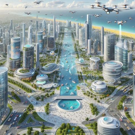 Futuristic Building Concept Art, Futuristic Architecture Future City, Futuristic City Utopia, City Skylines Game, Futuristic Building, Eco City, City Skylines, Eco Architecture, Sustainable City