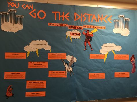 Hercules Bulletin Board  "You Can Go The Distance - how to fight burn out" #disney #RA #raideas #reslife #bulletinboard #gothedistance #college Greek Mythology Bulletin Board, Disney Bulletin Boards College, Disney Ra Bulletin Boards, Pixar Classroom, Resident Assistant Boards, Disney Door Decs, Disney Bulletin Boards, Residence Life Bulletin Boards, Ra Decorations