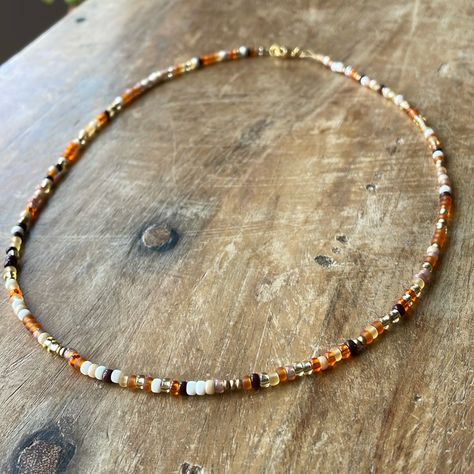 Handmade With Love From: Bohemian Saltlife Boutique Length Is: 16 Inches Orange, Brown, Tan, Gold, White, Light Yellow & Cream Colored Seed Beads Strung On Gold Colored Beading Wire And Closed With A Lobster Clasp Delicate, Simple And Perfect To Wear By Itself Or Layer Check Out My Shop For Items Being Added Frequently: Https://Bohemiansaltlife.Etsy.Com Perfect Addition To Your Summer Wardrobe! Brown Seed Bead Necklace, Brown Beaded Jewelry, Fall Necklaces Beaded, Fall Beaded Jewelry, Fall Beaded Necklace, Fall Bead, Autumn Necklace, Yellow Cream, Beading Wire