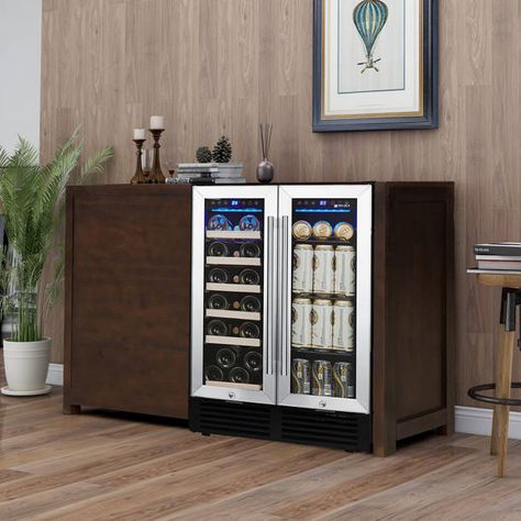 Northair 16.7'' width 14 Bottle and 28 Can Single Zone Freestanding Wine & Beverage Refrigerator | Wayfair Wine Fridge In Kitchen Free Standing, Beverage Cabinet With Fridge, Fridge In Kitchen, Wine Fridge Cabinet, Mini Fridge Cabinet, Refrigerator Ideas, Coffee/wine Bar, Green Kitchen Decor, Refrigerator Cooler