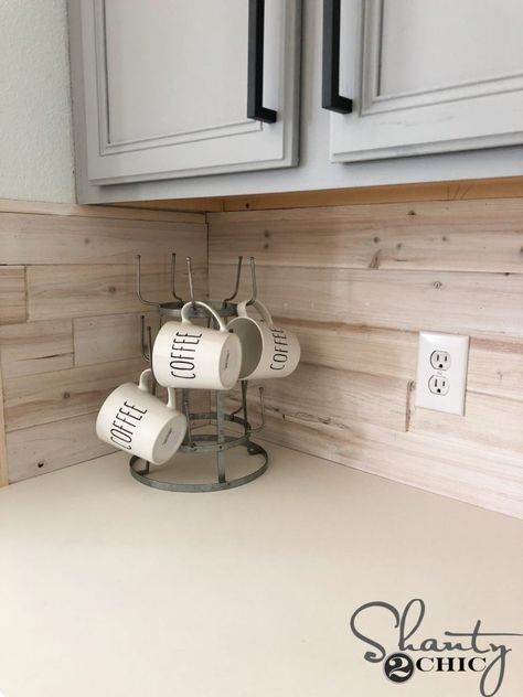 Driftwood Backsplash, Easy Kitchen Renovations, Wood Kitchen Backsplash, Kitchen Renovation Diy Ideas, Diy Pipe Shelves, Backsplash Diy, Brick Backsplash Kitchen, Builder Grade Kitchen, Diy Driftwood