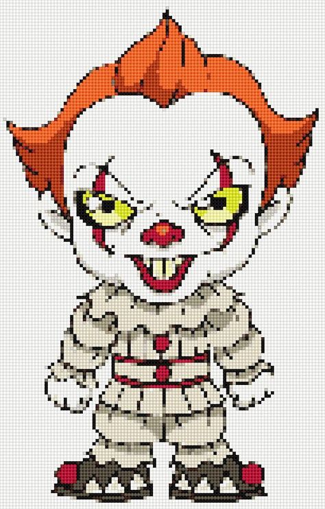 2017 Pennywise Ultimate Chibi cross stitch and plastic canvas Pennywise Cross Stitch Pattern, Pennywise Pixel Art, Disney Canvas Art Ideas, Cross Stitch Patterns Disney, Chibi Cross Stitch, Cross Stitch Ideas, Canvas Art Ideas, Modele Pixel Art, Disney Canvas Art