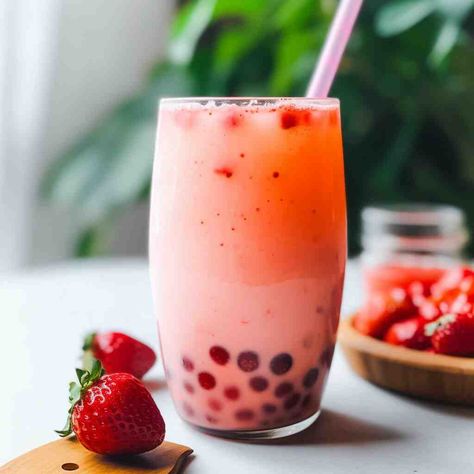 Strawberry Tapioca Balls From Scratch Strawberry Tapioca, Boba Balls, Strawberry Boba, Tea And Milk, Boba Pearls, Strawberry Powder, Tapioca Pearls, Strawberry Syrup, What To Use