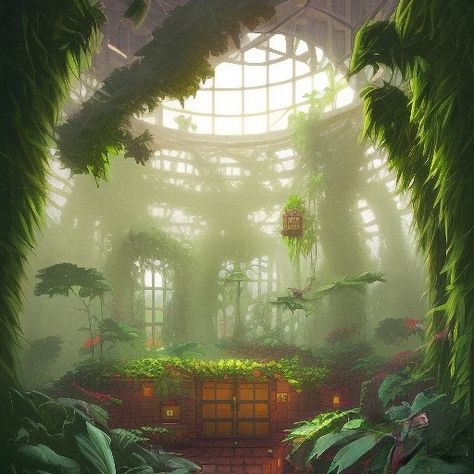 Fantasy Greenhouse Concept Art, Mythical Garden Aesthetic, Spring Fantasy Aesthetic, Fantasy Garden Concept Art, Fantasy Garden Aesthetic, Earth Kingdom Aesthetic, Magic Greenhouse, Fantasy Greenhouse, Futuristic Forest