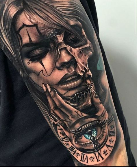 Pirate Girl Tattoos, Holding Skull, Catrina Tattoo, Skull Girl Tattoo, Girl Face Tattoo, Skull Sleeve Tattoos, Realistic Tattoo Sleeve, Girl Arm Tattoos, Cool Arm Tattoos