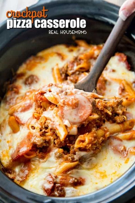 Crock Pot Pizza Casserole - Real Housemoms: Crock Pot Pizza Casserole is an incredibly delicious meal for the entire family to enjoy! It is really easy to make, kid friendly & perfect for busy days! #back-to-school #casserole #cheese #crock-pot #italian-sausage #mozzarella #pasta #pepperoni #pizza #pizza-sauce #slow-cooker #best-crock-pot-dinners #easy-dinner-casseroles #main-dishes #recipes #realhousemoms Crock Pot Kids Meals, Pizza Casserole Crockpot, Crock Pot Pizza Casserole, Crockpot Pizza Casserole, Slow Cooker Recipes Uk, Crockpot Pizza, Staple Meals, Shrimp Casserole Recipes, Delish Dinners