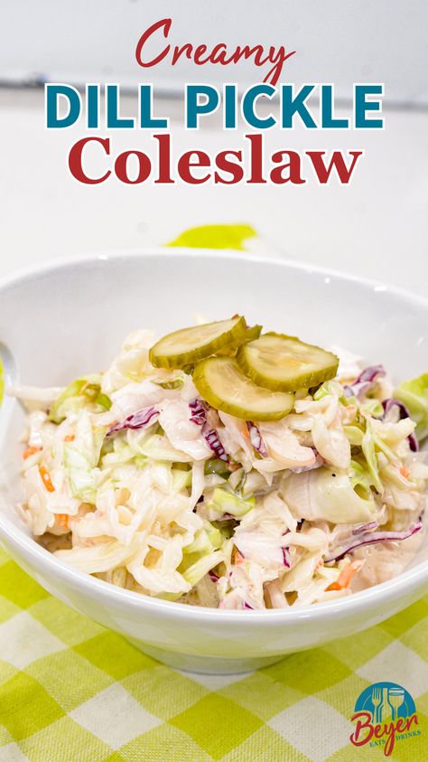 This creamy pickle coleslaw recipe will elevate your coleslaw game by adding crunchy dill pickles and pickle juice to your creamy coleslaw recipe. Pickle Slaw Recipe, Dill Pickle Coleslaw, Pickle Coleslaw, Pickle Slaw, Crunchy Dill Pickles, Working Mom Meals, Creamy Coleslaw Recipe, Homemade Refrigerator Pickles, Gooseberry Patch Cookbooks