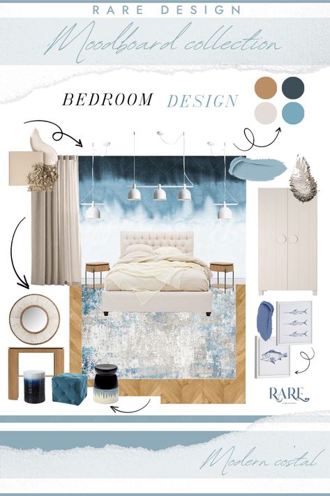 Modern coastal style - bedroom moodboard by @raredesigninterior Follow us for more interior design ideas! #interiordesign #japandi #moderncoastal #scandinaviandesign #home #design #bucharest #bedroom #wallpaper #blue #moodboard #rattan #pendantlights #simple #cozy #raredesigninterior Coastal Bedroom Mood Board, Scandinavian Bedroom Moodboard, Coastal Style Bedroom, Casual Bedroom, Japandi Bedroom, Blue Interior Design, Boho Style Bedroom, Interior Design Your Home, Scandinavian Bedroom