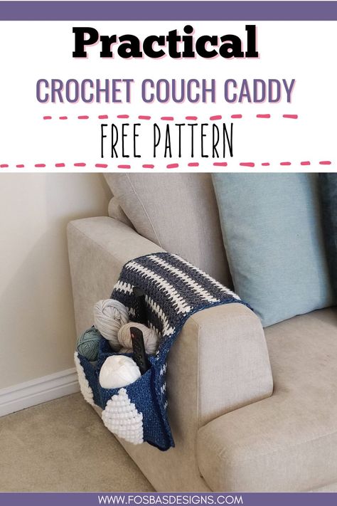 Practical Crochet Armchair Caddy Free Pattern - Fosbas Designs Arm Chair Caddy Pattern, Crochet Practical, Crochet Thanksgiving, Practical Crochet, Quick Crochet Projects, Patterned Armchair, Crochet Decor, Crochet Baskets, Crochet Coaster