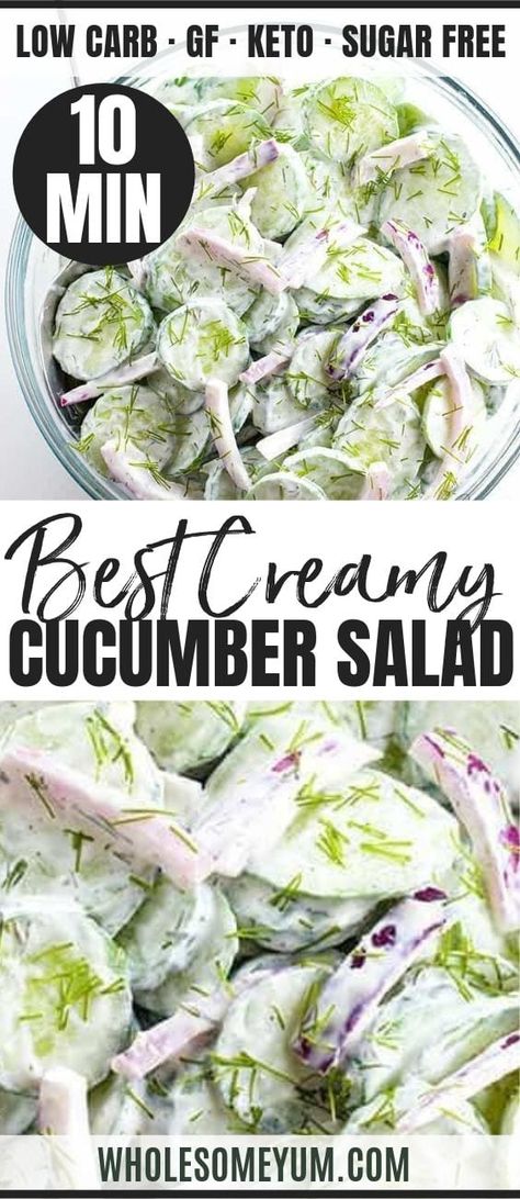 Best Creamy Cucumber Salad Recipe with Sour Cream and Dill Recipe With Sour Cream, Cucumber Dill Salad, Salad Recipes Low Carb, Creamed Cucumbers, Salad Cream, Cucumber Salad Recipe, Creamy Cucumber Salad, Creamy Cucumbers, Sour Cream Recipes